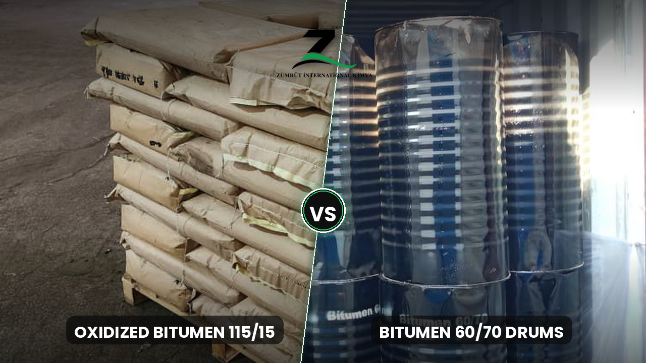 Oxidized bitumen vs penetration bitumen - blown asphalt blocks beside penetration grade bitumen drums